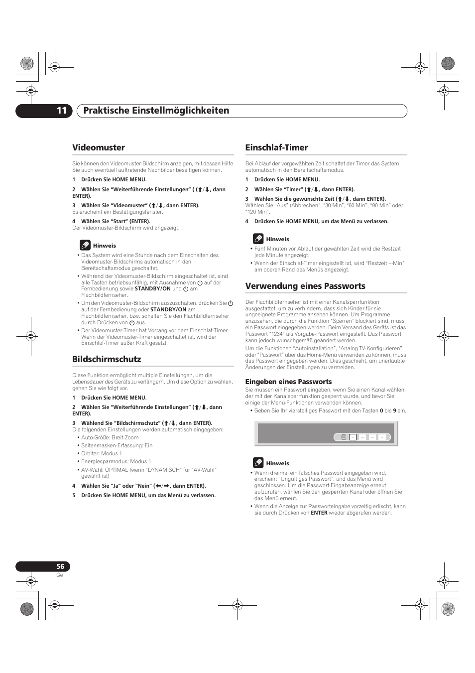 Praktische einstellmöglichkeiten 11, Videomuster, Bildschirmschutz | Einschlaf-timer, Verwendung eines passworts | Pioneer PDP-LX5090 User Manual | Page 232 / 264