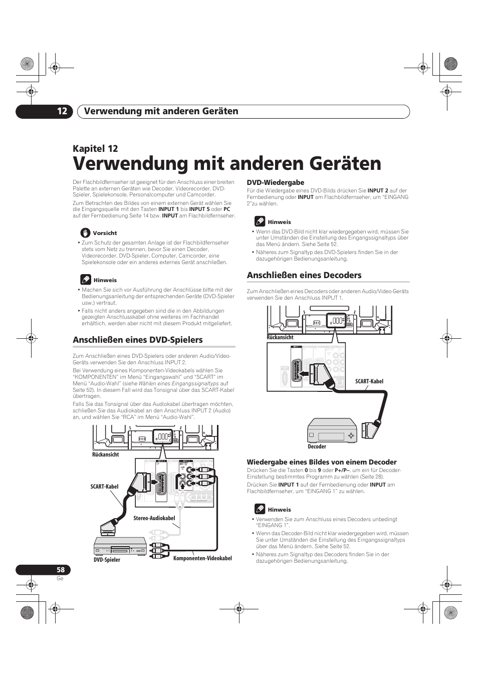 12 verwendung mit anderen geräten, Verwendung mit anderen geräten, Verwendung mit anderen geräten 12 | Kapitel 12, Anschließen eines dvd-spielers, Anschließen eines decoders | Pioneer PDP-LX5090 User Manual | Page 234 / 264