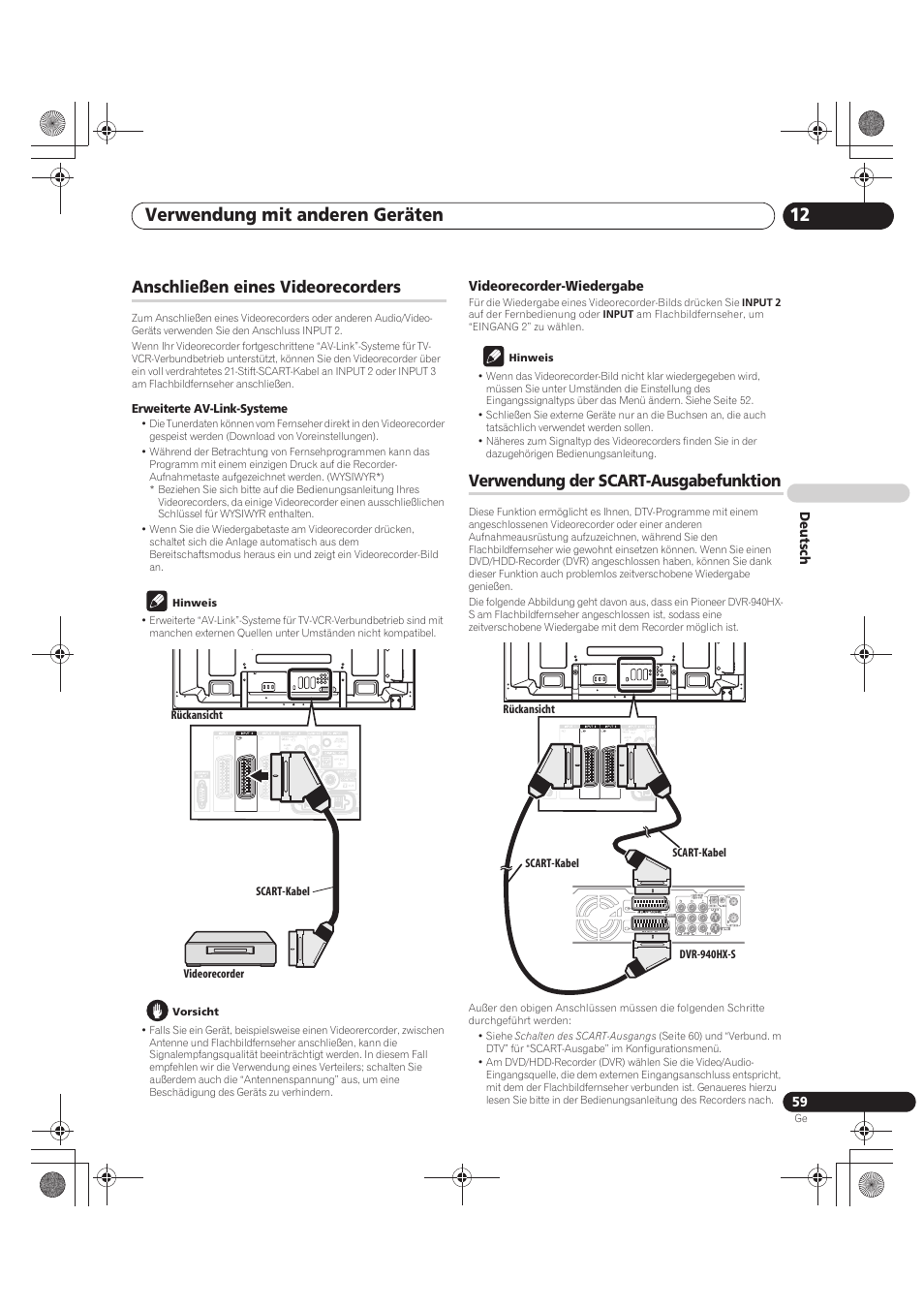 Verwendung mit anderen geräten 12, Anschließen eines videorecorders, Verwendung der scart-ausgabefunktion | Pioneer PDP-LX5090 User Manual | Page 235 / 264