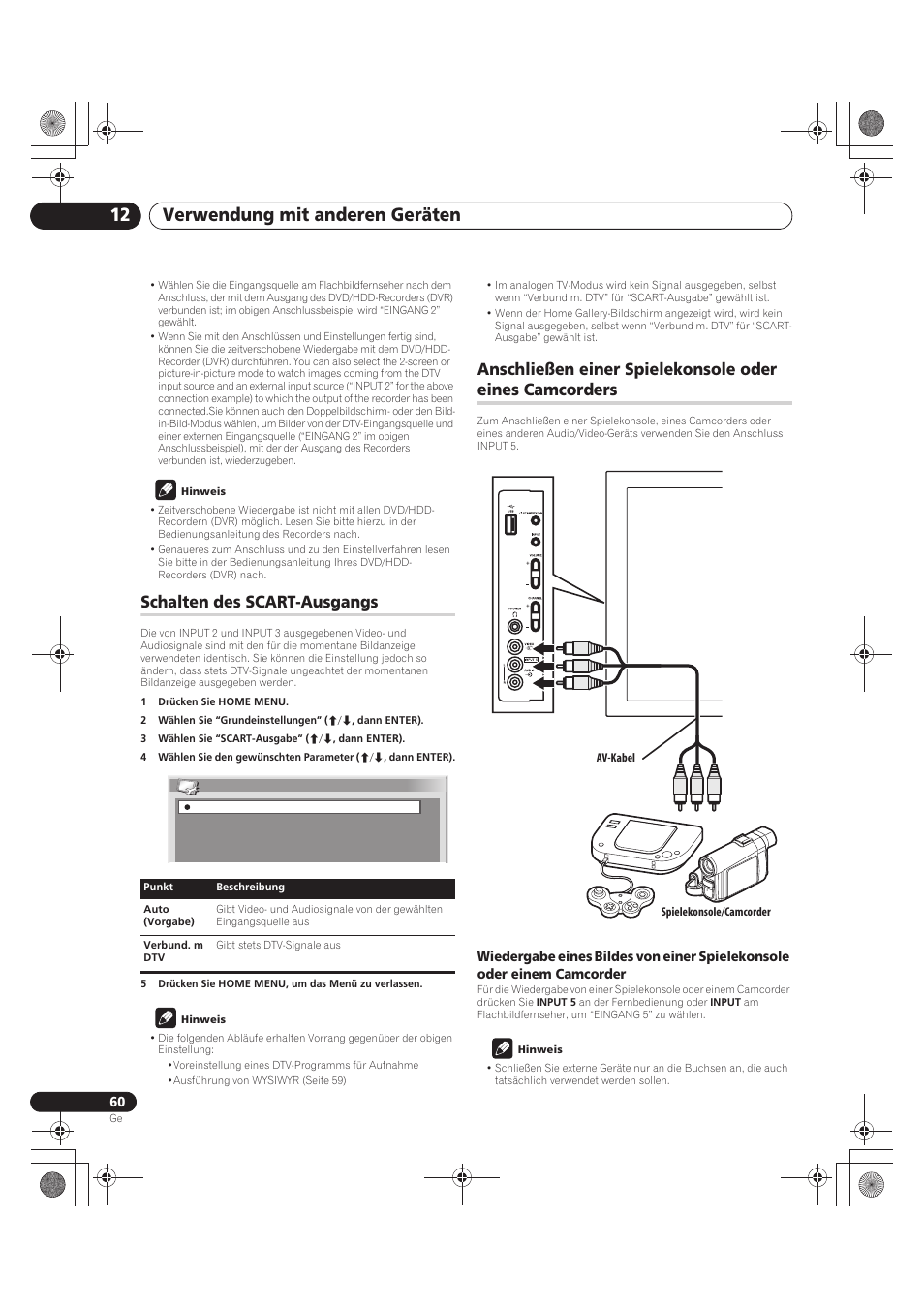 Camcorders, Verwendung mit anderen geräten 12, Schalten des scart-ausgangs | Pioneer PDP-LX5090 User Manual | Page 236 / 264