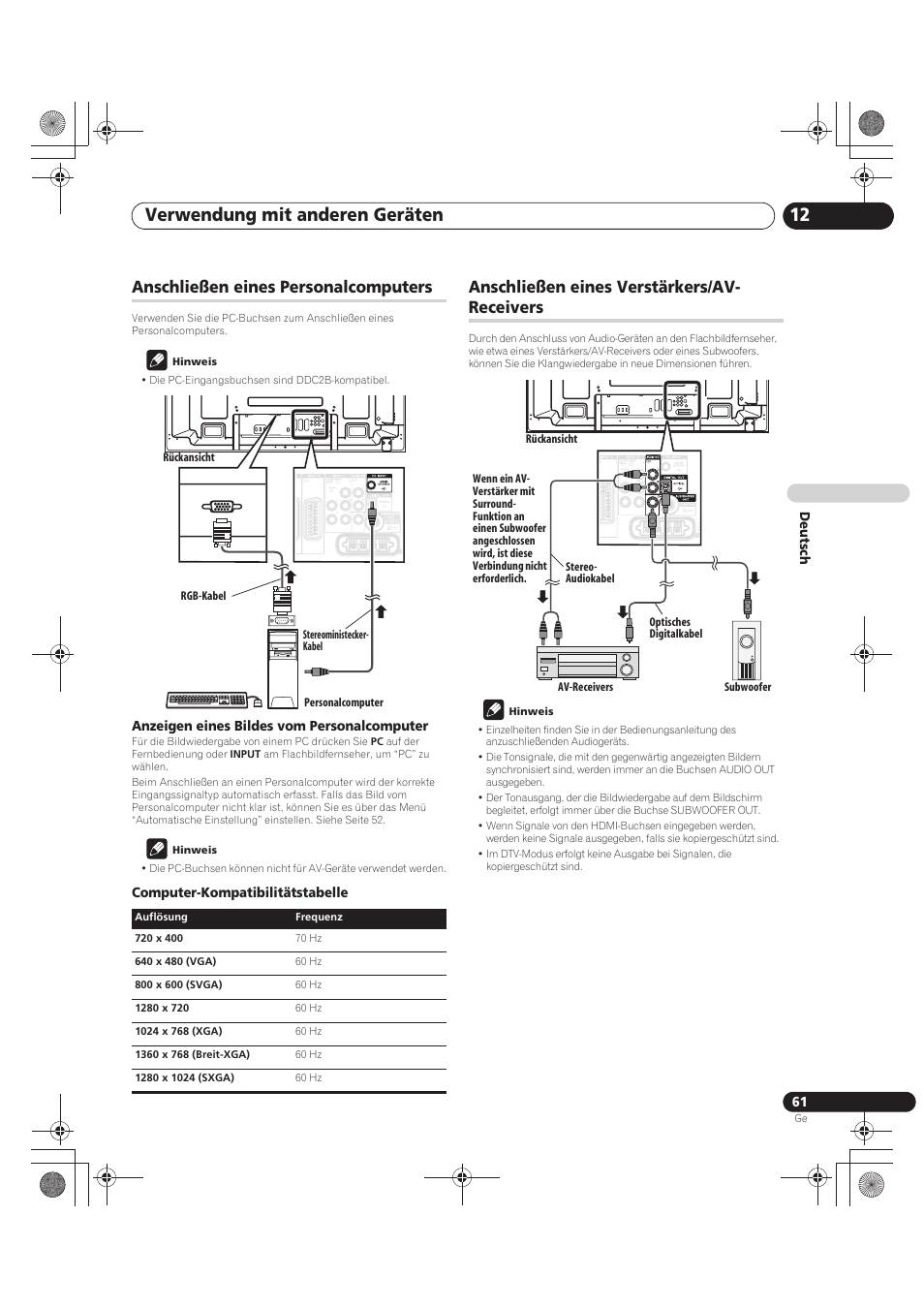 Verwendung mit anderen geräten 12, Anschließen eines personalcomputers, Anschließen eines verstärkers/av- receivers | Pioneer PDP-LX5090 User Manual | Page 237 / 264