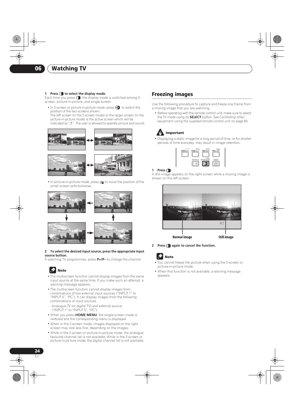 1 press c to select the display mode, Note, Freezing images | Important, 1 press d, 2 press d again to cancel the function, Watching tv 06 | Pioneer PDP-LX5090 User Manual | Page 24 / 264