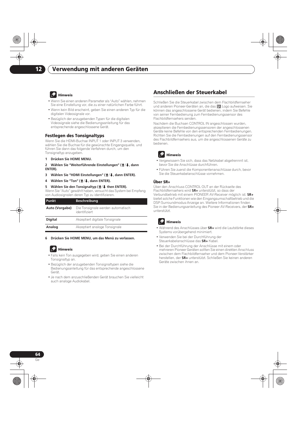 Anschließen der steuerkabel, Verwendung mit anderen geräten 12 | Pioneer PDP-LX5090 User Manual | Page 240 / 264