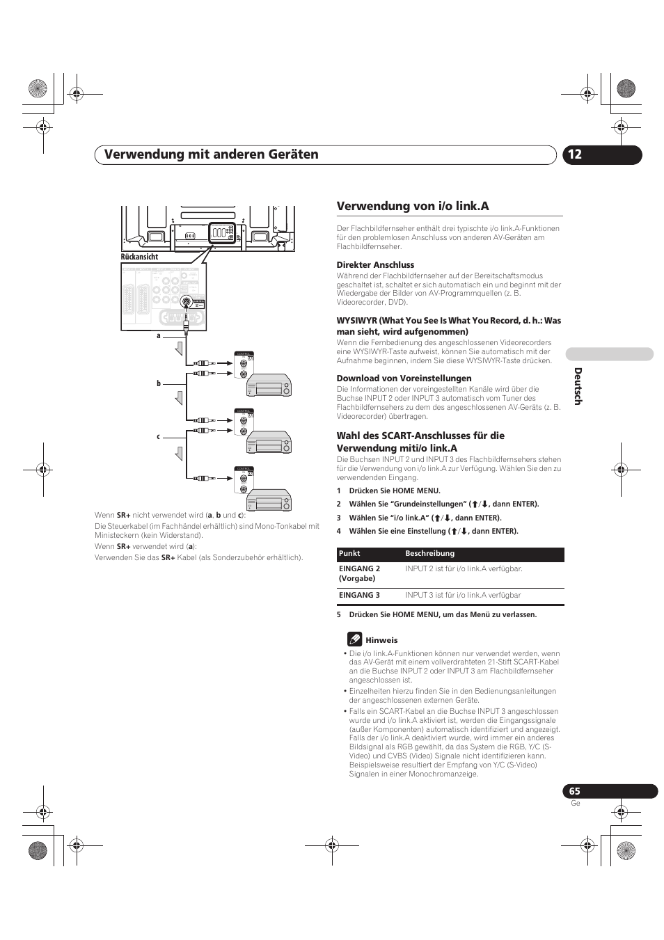 Verwendung von i/o link.a, Verwendung mit anderen geräten 12, De utsch | Pioneer PDP-LX5090 User Manual | Page 241 / 264