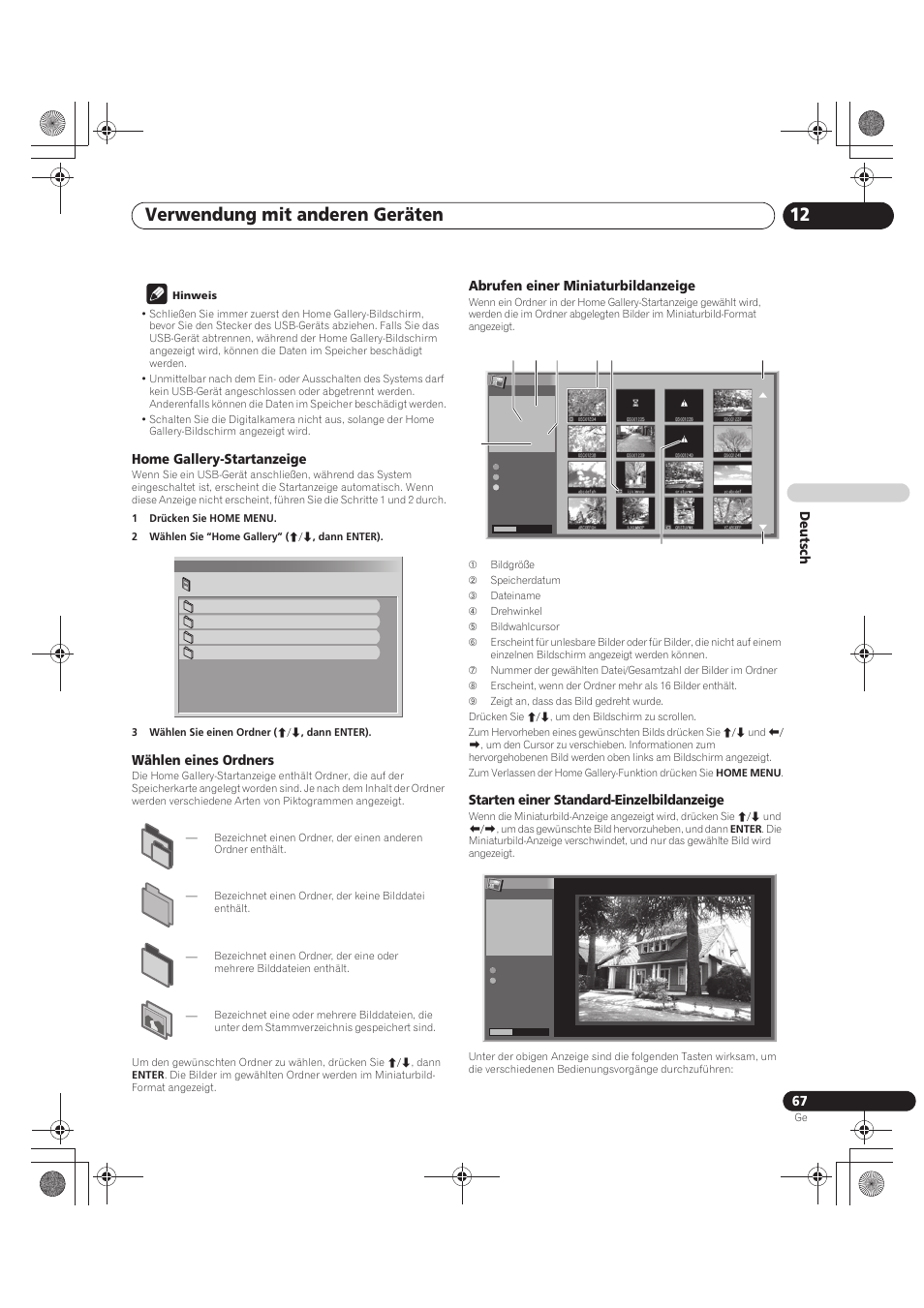 Verwendung mit anderen geräten 12, De utsch, Home gallery-startanzeige | Wählen eines ordners, Abrufen einer miniaturbildanzeige, Starten einer standard-einzelbildanzeige | Pioneer PDP-LX5090 User Manual | Page 243 / 264