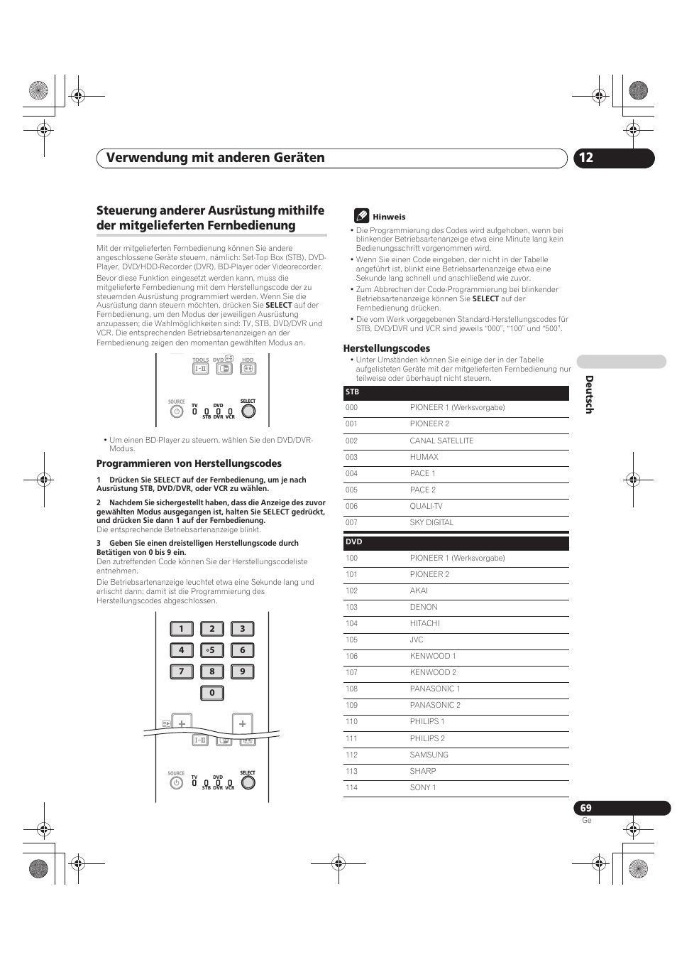 Steuerung anderer ausrüstung mithilfe der, Mitgelieferten fernbedienung, Verwendung mit anderen geräten 12 | Pioneer PDP-LX5090 User Manual | Page 245 / 264