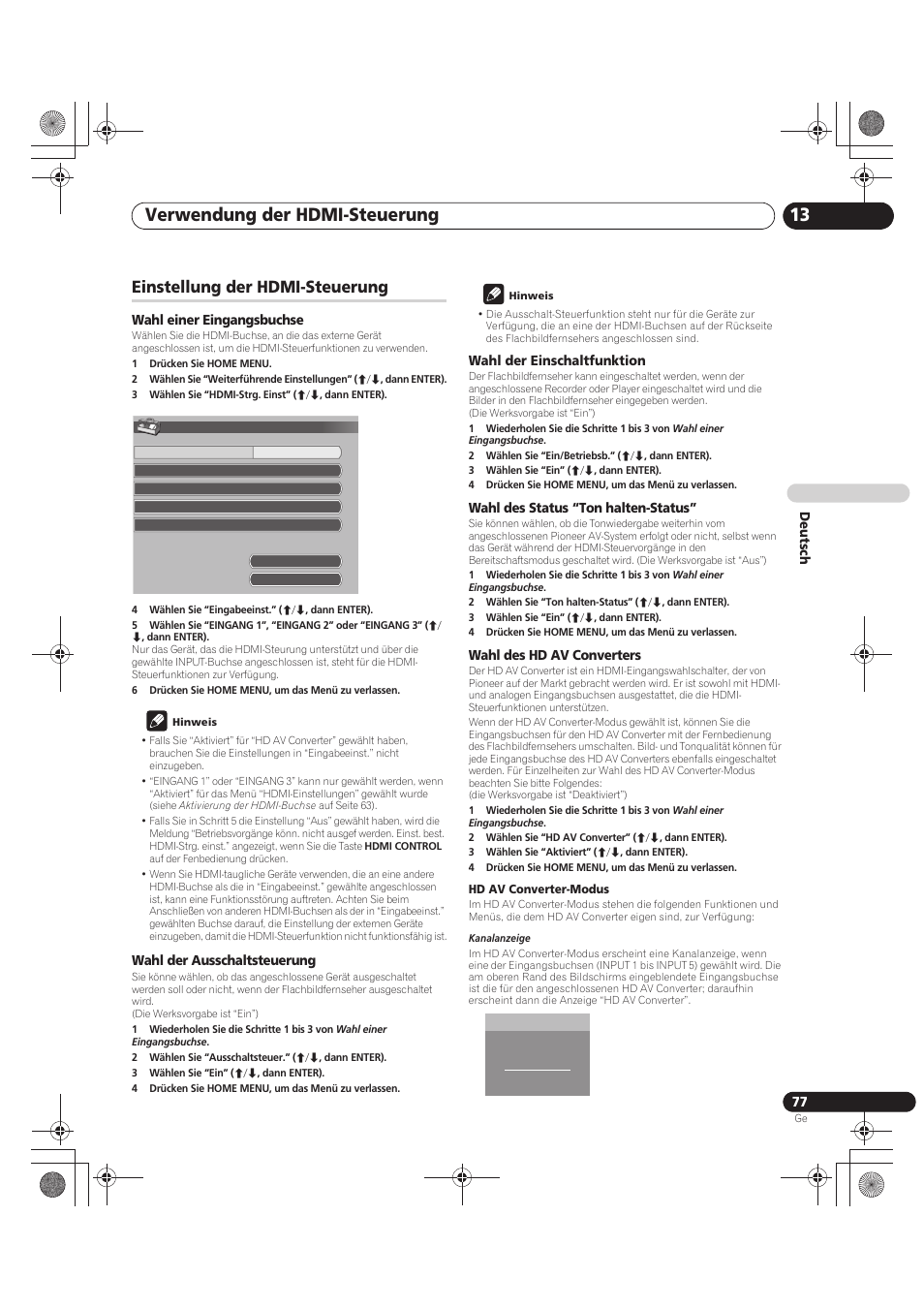 Einstellung der hdmi-steuerung, Verwendung der hdmi-steuerung 13, Eingang 3 | Pioneer PDP-LX5090 User Manual | Page 253 / 264
