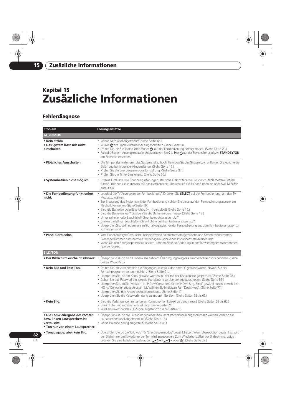 15 zusäzliche informationen, Fehlerdiagnose, Zusäzliche informationen | Zusäzliche informationen 15, Kapitel 15 | Pioneer PDP-LX5090 User Manual | Page 258 / 264