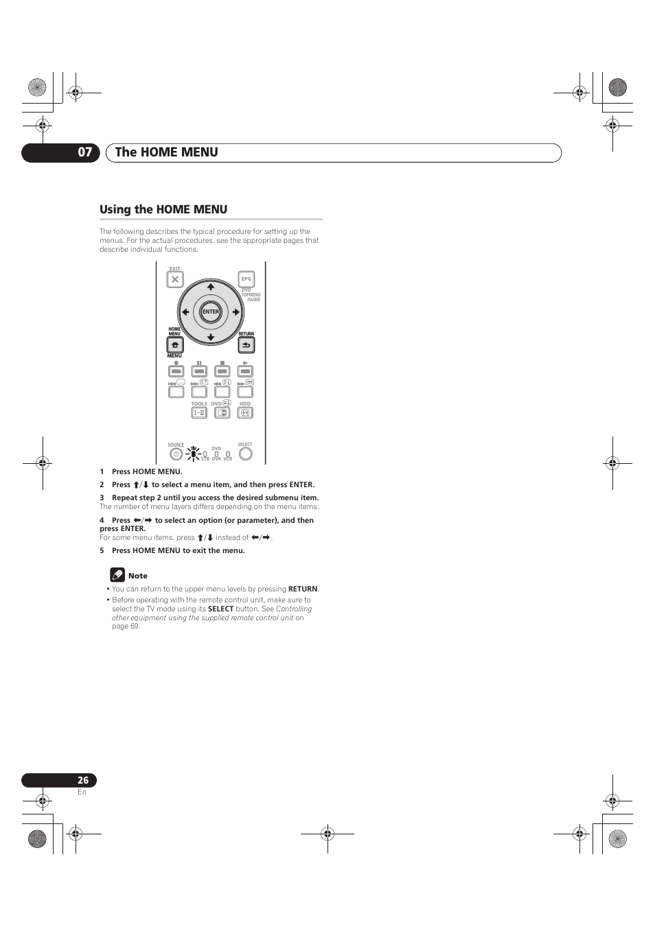Using the home menu, 1 press home menu, 5 press home menu to exit the menu | Note, The home menu 07 | Pioneer PDP-LX5090 User Manual | Page 26 / 264