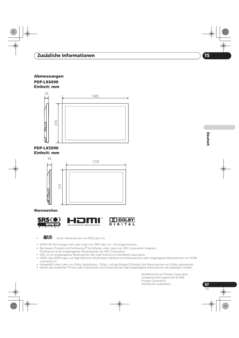 Zusäzliche informationen 15 | Pioneer PDP-LX5090 User Manual | Page 263 / 264