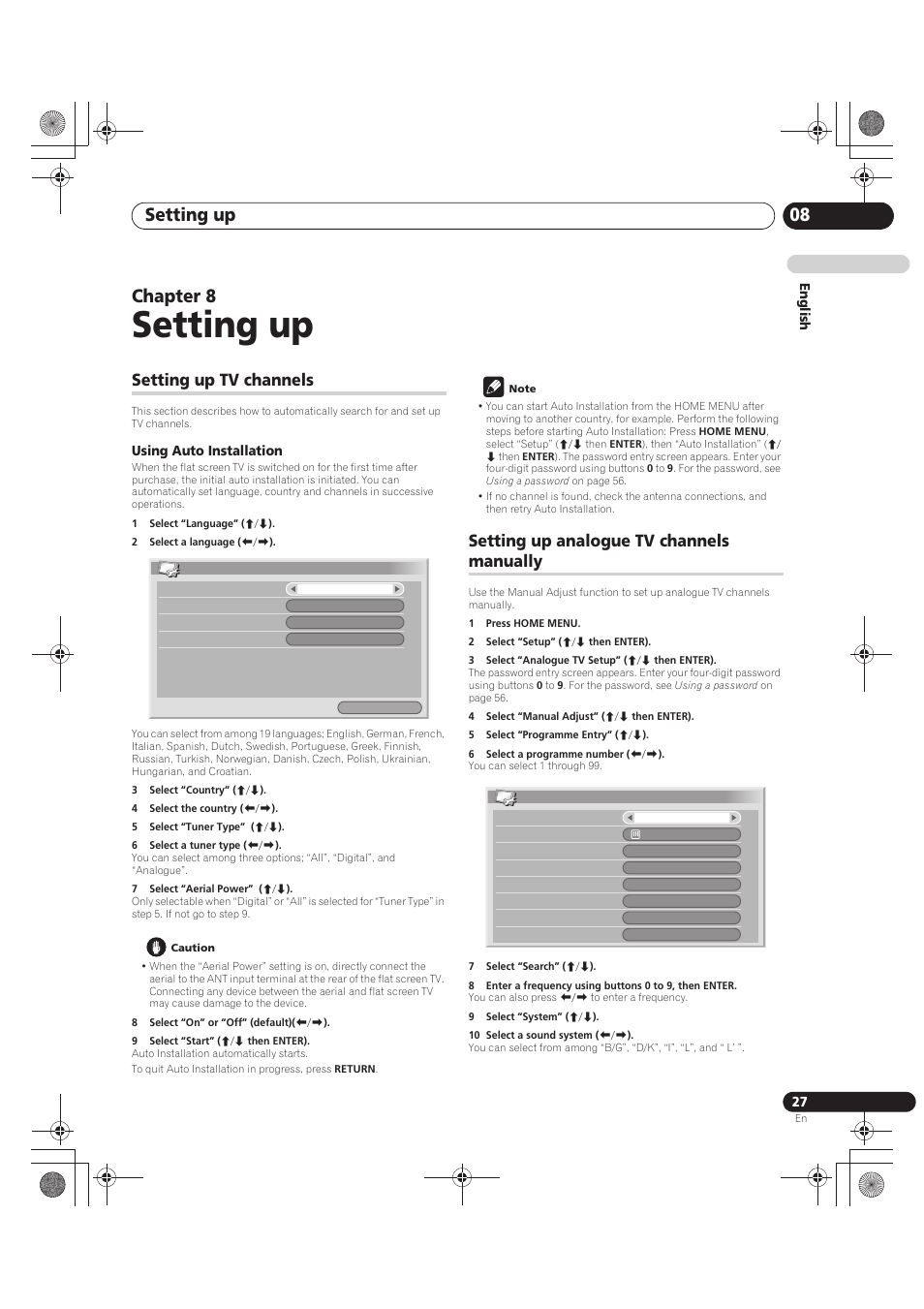Setting up, Setting up tv channels, Using auto installation | 1 select “language” (i/j), 2 select a language (k/l), 3 select “country” (i/j), 4 select the country (k/l), 5 select “tuner type” (i/j), 6 select a tuner type (k/l), 7 select “aerial power” (i/j) | Pioneer PDP-LX5090 User Manual | Page 27 / 264