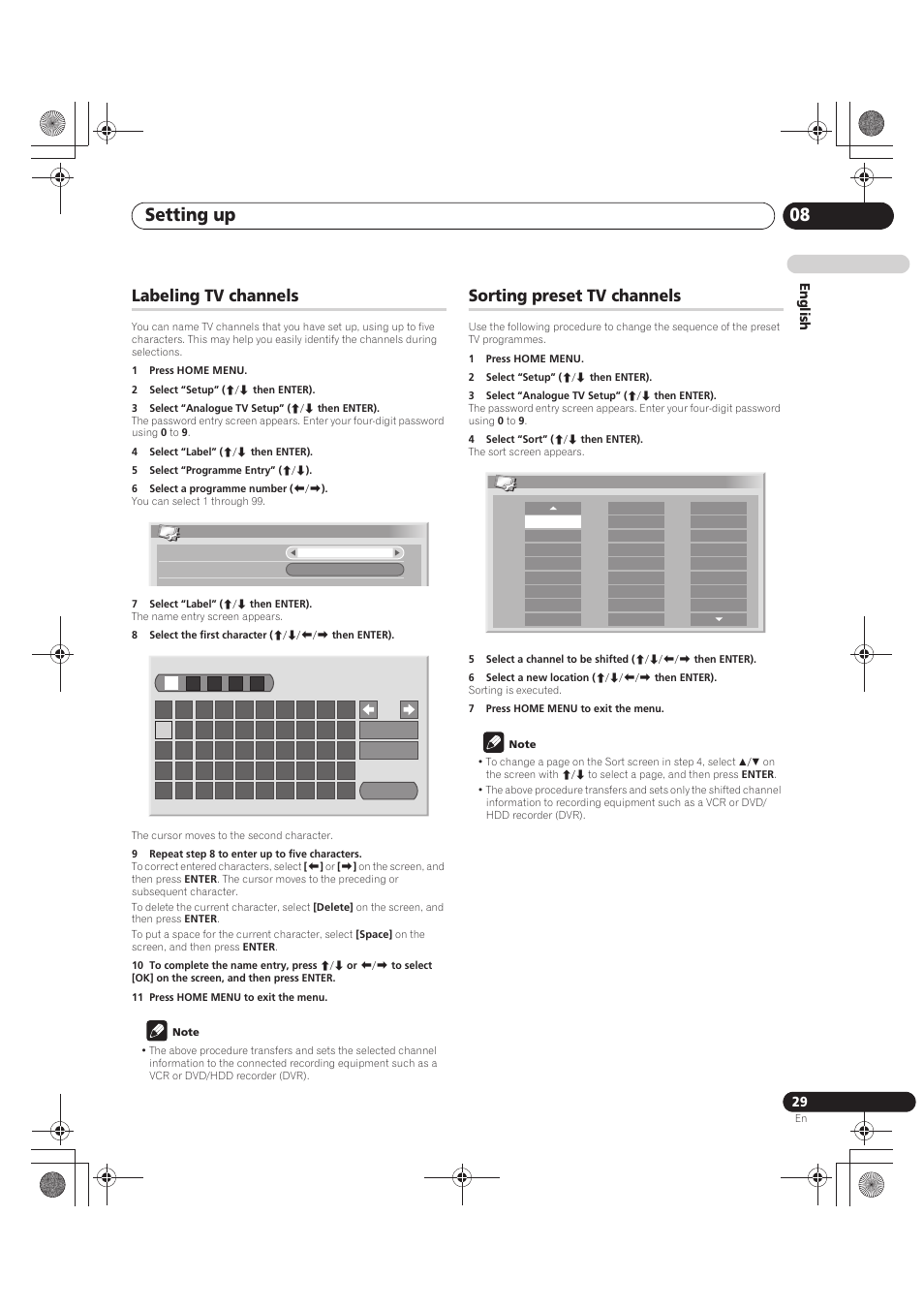 Labeling tv channels, 1 press home menu, 2 select “setup” (i/j then enter) | 3 select “analogue tv setup” (i/j then enter), 4 select “label” (i/j then enter), 5 select “programme entry” (i/j), 6 select a programme number (k/l), 7 select “label” (i/j then enter), 8 select the first character (i/j/k/l then enter), 9 repeat step 8 to enter up to five characters | Pioneer PDP-LX5090 User Manual | Page 29 / 264