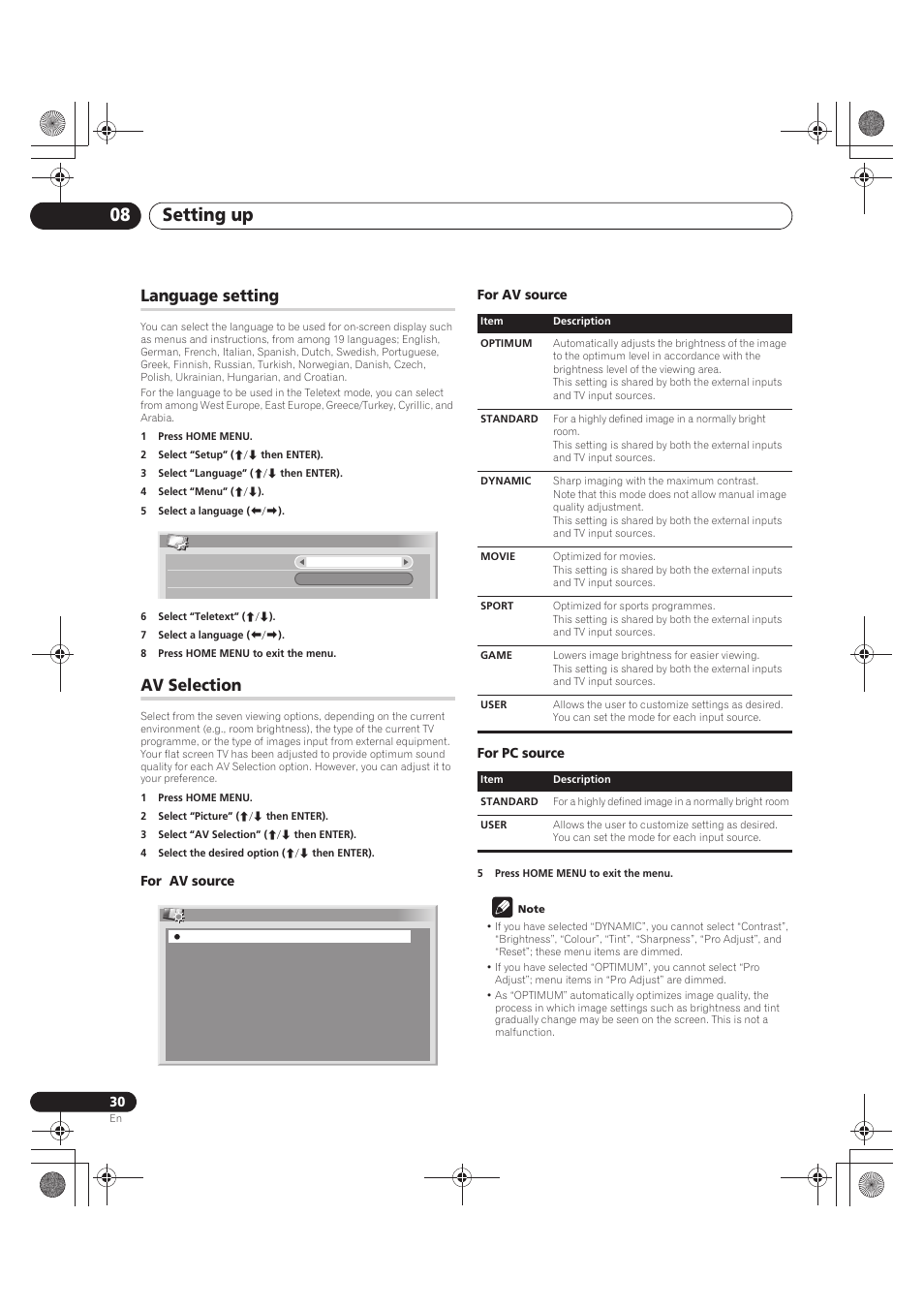 Language setting, 1 press home menu, 2 select “setup” (i/j then enter) | 3 select “language” (i/j then enter), 4 select “menu” (i/j), 5 select a language (k/l), 6 select “teletext” (i/j), 7 select a language (k/l), 8 press home menu to exit the menu, Av selection | Pioneer PDP-LX5090 User Manual | Page 30 / 264