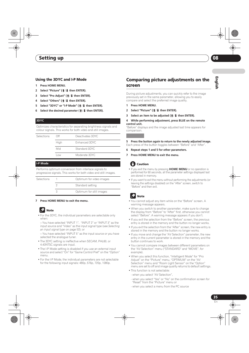 Using the 3dyc and i-p mode, 1 press home menu, 2 select “picture” (i/j then enter) | 3 select “pro adjust” (i/j then enter), 4 select “others” (i/j then enter), 5 select “3dyc” or “i-p mode” (i/j then enter), 6 select the desired parameter (i/j then enter), 7 press home menu to exit the menu, Note, Comparing picture adjustments on the screen | Pioneer PDP-LX5090 User Manual | Page 35 / 264