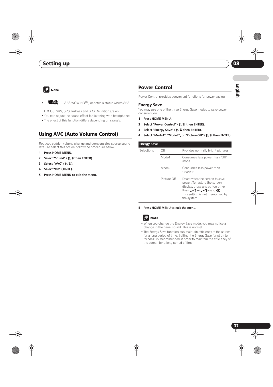 Note, Using avc (auto volume control), 1 press home menu | 2 select “sound” (i/jthen enter), 3 select “avc” (i/j), 4 select “on” (k/l), 5 press home menu to exit the menu, Power control, Energy save, 2 select “power control” (i/j then enter) | Pioneer PDP-LX5090 User Manual | Page 37 / 264