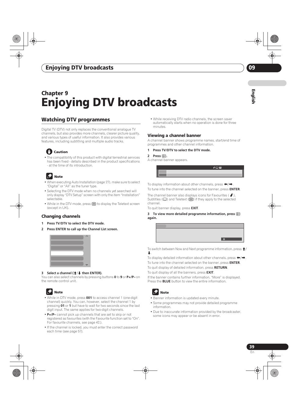 Enjoying dtv broadcasts, Watching dtv programmes, Caution | Note, Changing channels, 1 press tv/dtv to select the dtv mode, 2 press enter to call up the channel list screen, 3 select a channel (i/j then enter), Viewing a channel banner, 2 press p | Pioneer PDP-LX5090 User Manual | Page 39 / 264