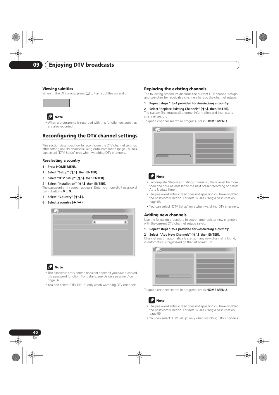Viewing subtitles, Note, Reconfiguring the dtv channel settings | Reselecting a country, 1 press home menu, 2 select “setup” (i/j then enter), 3 select “dtv setup” (i/j then enter), 4 select “installation” (i/j then enter), 5 select “country” (i/j), 6 select a country (k/l) | Pioneer PDP-LX5090 User Manual | Page 40 / 264