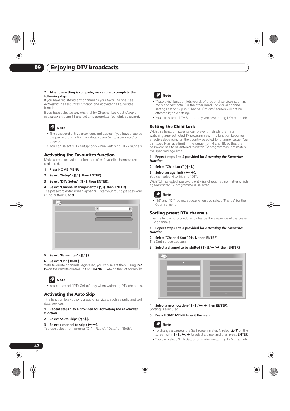 Note, Activating the favourites function, 1 press home menu | 2 select “setup” (i/j then enter), 3 select “dtv setup” (i/j then enter), 4 select “channel management” (i/j then enter), 5 select “favourites” (i/j), 6 select “on” (k/l), Activating the auto skip, 2 select “auto skip” (i/j) | Pioneer PDP-LX5090 User Manual | Page 42 / 264