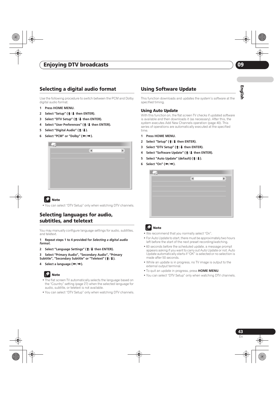 Selecting a digital audio format, 1 press home menu, 2 select “setup” (i/j then enter) | 3 select “dtv setup” (i/j then enter), 4 select “user preferences” (i/j then enter), 5 select “digital audio” (i/j), 6 select “pcm” or “dolby” (k/l), Note, 2 select “language settings” (i/j then enter), 4 select a language (k/l) | Pioneer PDP-LX5090 User Manual | Page 43 / 264