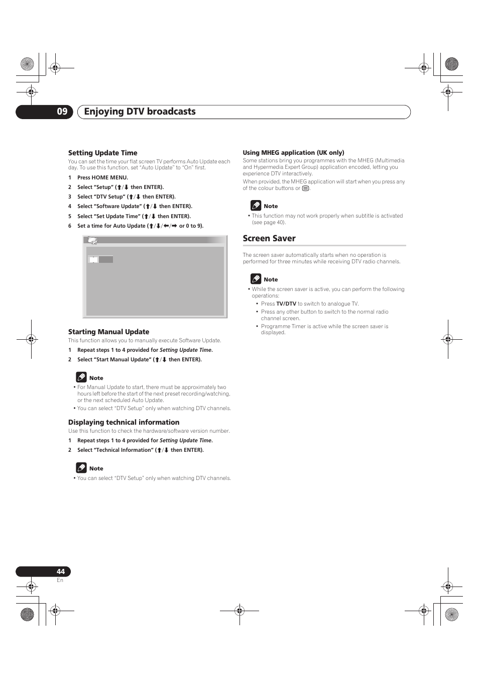 Setting update time, 1 press home menu, 2 select “setup” (i/j then enter) | 3 select “dtv setup” (i/j then enter), 4 select “software update” (i/j then enter), 5 select “set update time” (i/j then enter), 6 set a time for auto update (i/j/k/l or 0 to 9), Starting manual update, 2 select “start manual update” (i/j then enter), Note | Pioneer PDP-LX5090 User Manual | Page 44 / 264