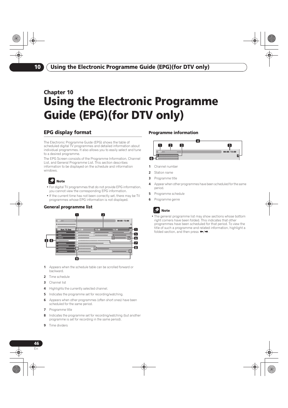 Epg display format, Note, 1 channel number | 10 using the electronic programme guide, Epg)(for dtv only), Chapter 10 | Pioneer PDP-LX5090 User Manual | Page 46 / 264