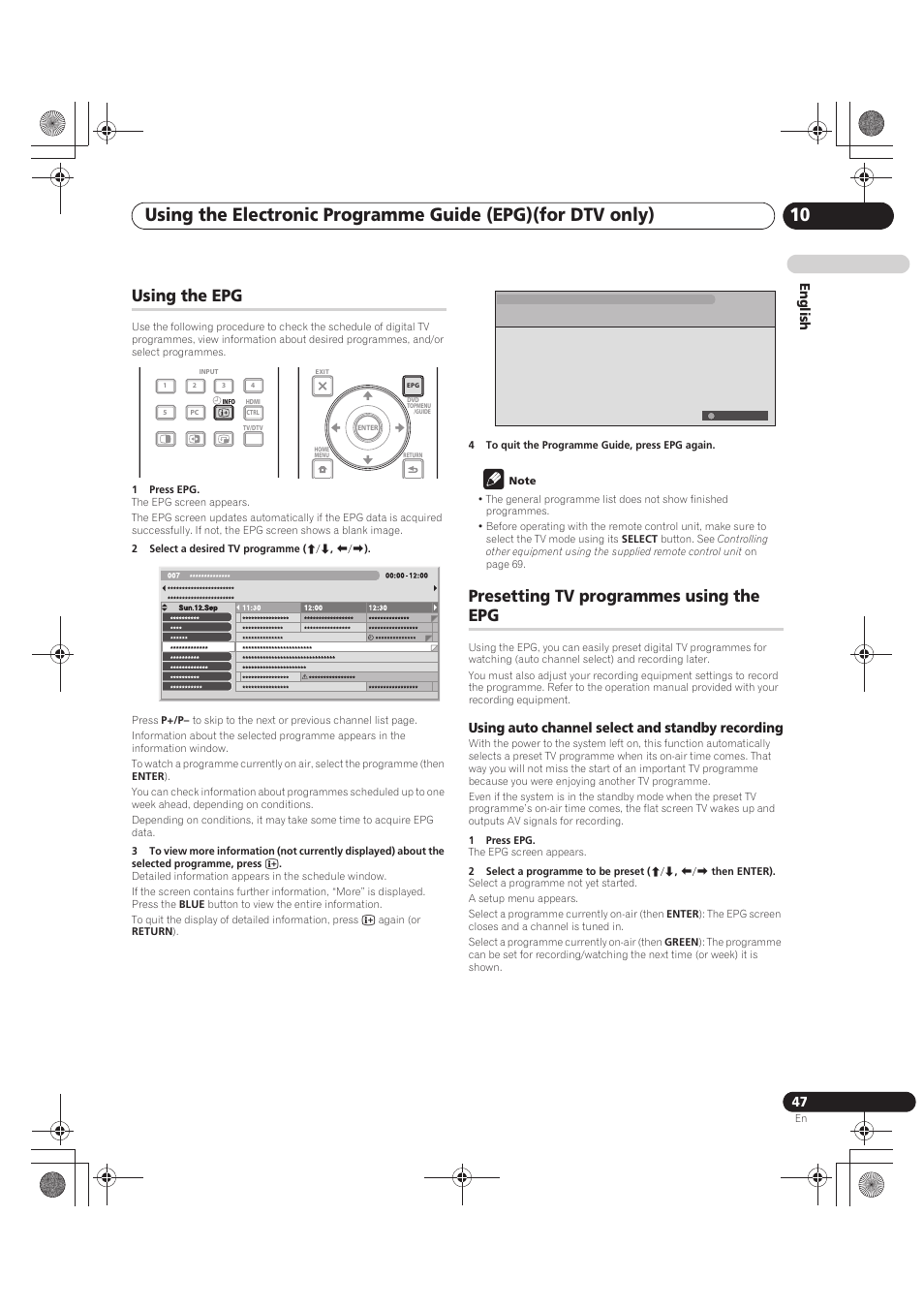 Using the epg, 1 press epg, 2 select a desired tv programme (i/j, k/l) | 4 to quit the programme guide, press epg again, Note, Presetting tv programmes using the epg, Using auto channel select and standby recording, En glish | Pioneer PDP-LX5090 User Manual | Page 47 / 264