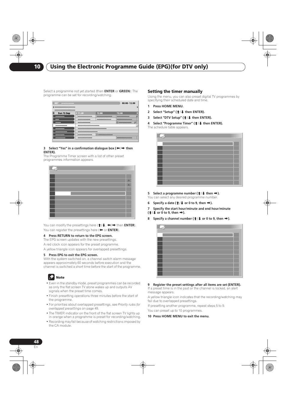 4 press return to return to the epg screen, 5 press epg to exit the epg screen, Note | Setting the timer manually, 1 press home menu, 2 select “setup” (i/j then enter), 3 select “dtv setup” (i/j then enter), 4 select “programme timer” (i/j then enter), 5 select a programme number (i/j then l), 6 specify a date (i/j or 0 to 9, then l) | Pioneer PDP-LX5090 User Manual | Page 48 / 264