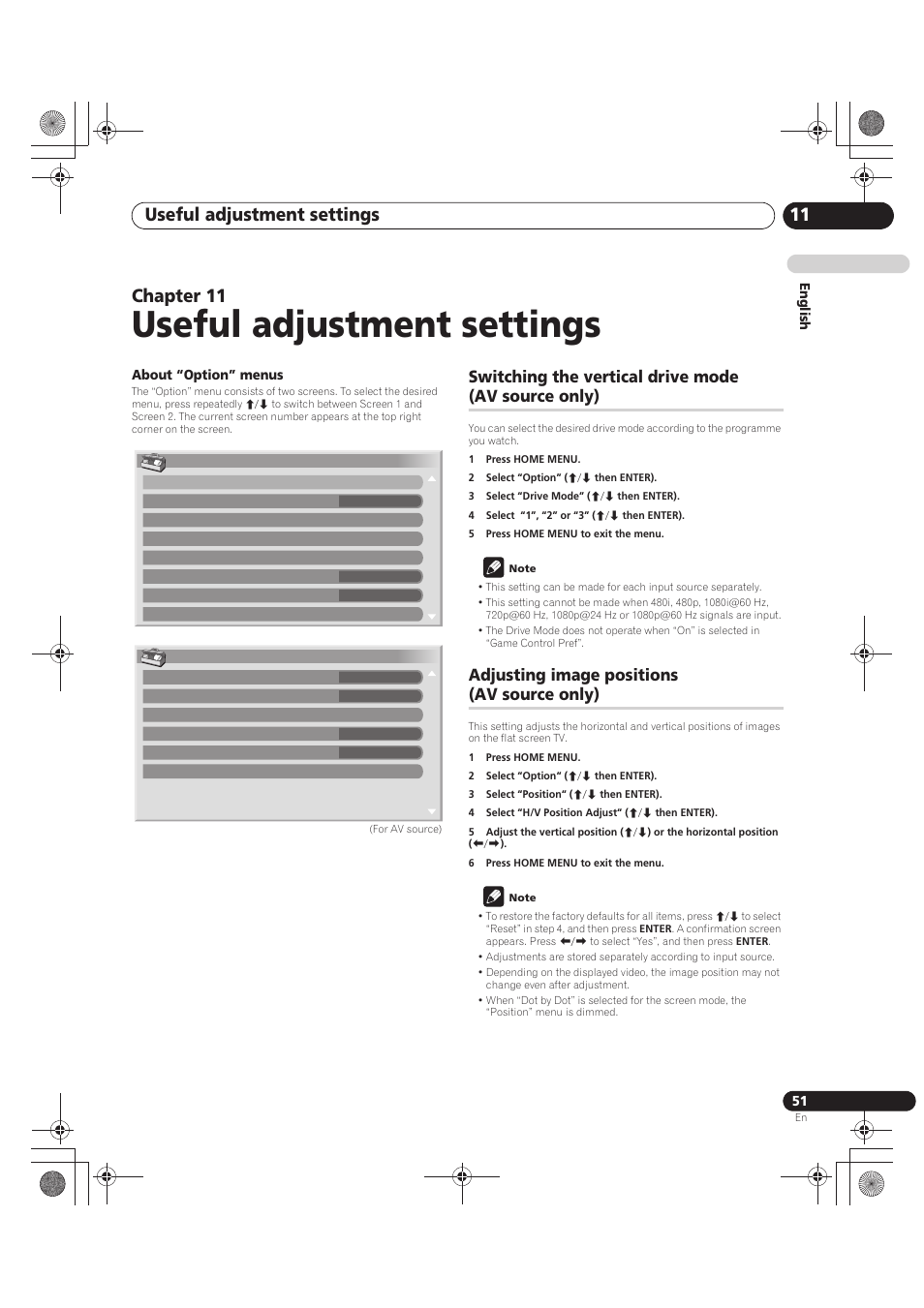 About “option” menus, Switching the vertical drive mode (av source only), 1 press home menu | 2 select “option” (i/j then enter), 3 select “drive mode” (i/j then enter), 4 select “1”, “2” or “3” (i/j then enter), 5 press home menu to exit the menu, Note, Adjusting image positions (av source only), 2 select “option“ (i/j then enter) | Pioneer PDP-LX5090 User Manual | Page 51 / 264