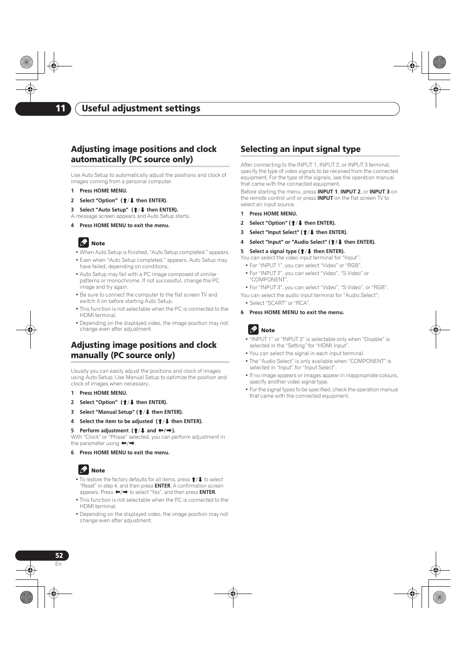 1 press home menu, 2 select “option” (i/j then enter), 3 select “auto setup” (i/j then enter) | 4 press home menu to exit the menu, Note, 3 select “manual setup” (i/j then enter), 4 select the item to be adjusted (i/j then enter), 5 perform adjustment (i/j and k/l), 6 press home menu to exit the menu, Selecting an input signal type | Pioneer PDP-LX5090 User Manual | Page 52 / 264