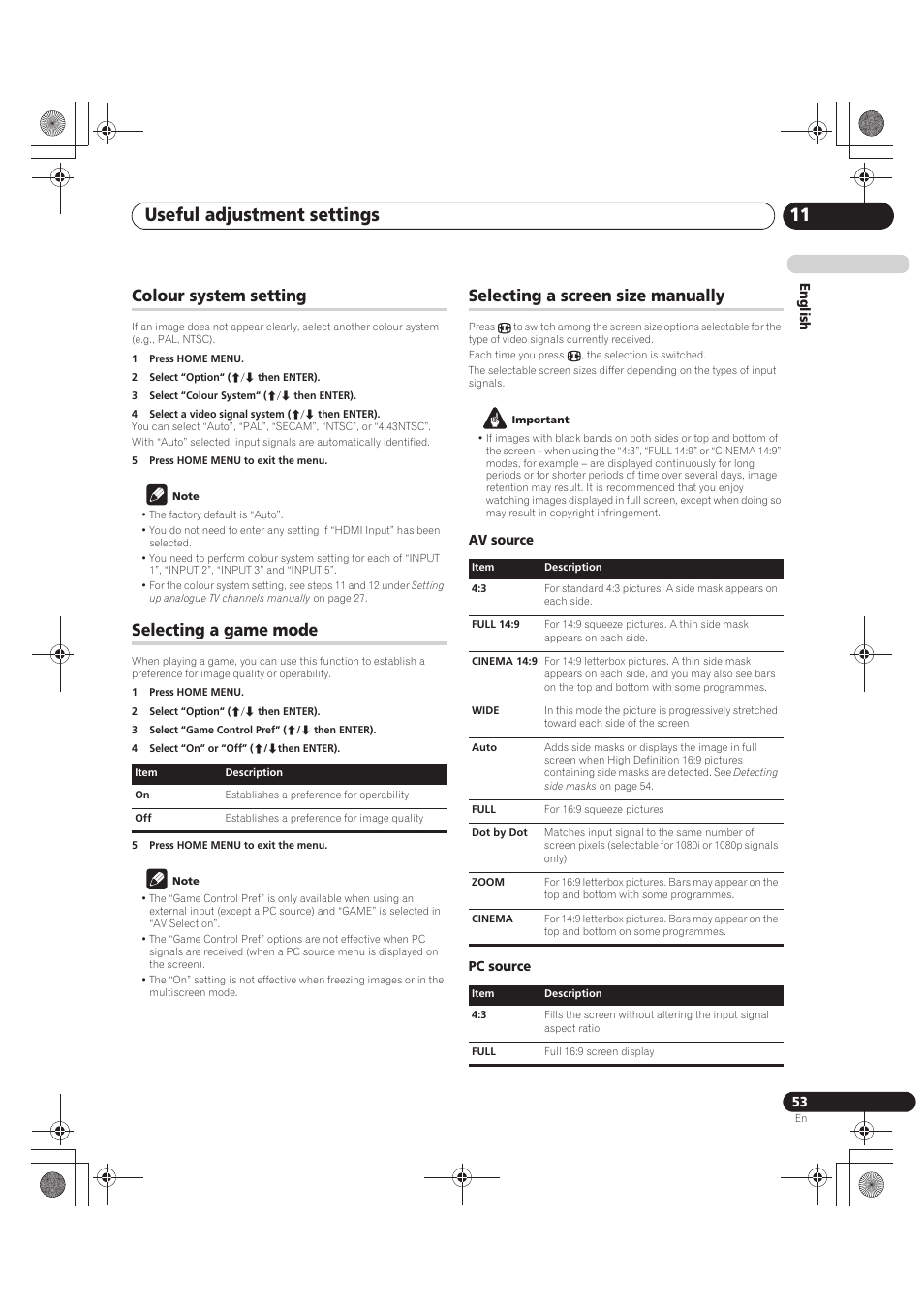 Colour system setting, 1 press home menu, 2 select “option“ (i/j then enter) | 3 select “colour system“ (i/j then enter), 4 select a video signal system (i/j then enter), 5 press home menu to exit the menu, Note, Selecting a game mode, 3 select “game control pref” (i/j then enter), 4 select “on” or “off” (i/jthen enter) | Pioneer PDP-LX5090 User Manual | Page 53 / 264