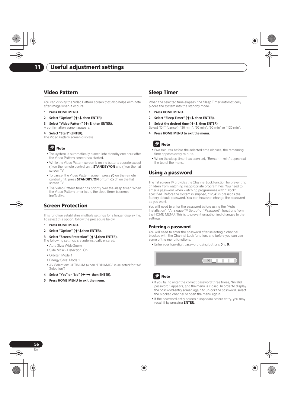 Video pattern, 1 press home menu, 2 select “option” (i/j then enter) | 3 select “video pattern” (i/j then enter), 4 select “start” (enter), Note, Screen protection, 2 select “option” (i/jthen enter), 3 select “screen protection” (i/jthen enter), 4 select “yes” or “no” (k/l then enter) | Pioneer PDP-LX5090 User Manual | Page 56 / 264