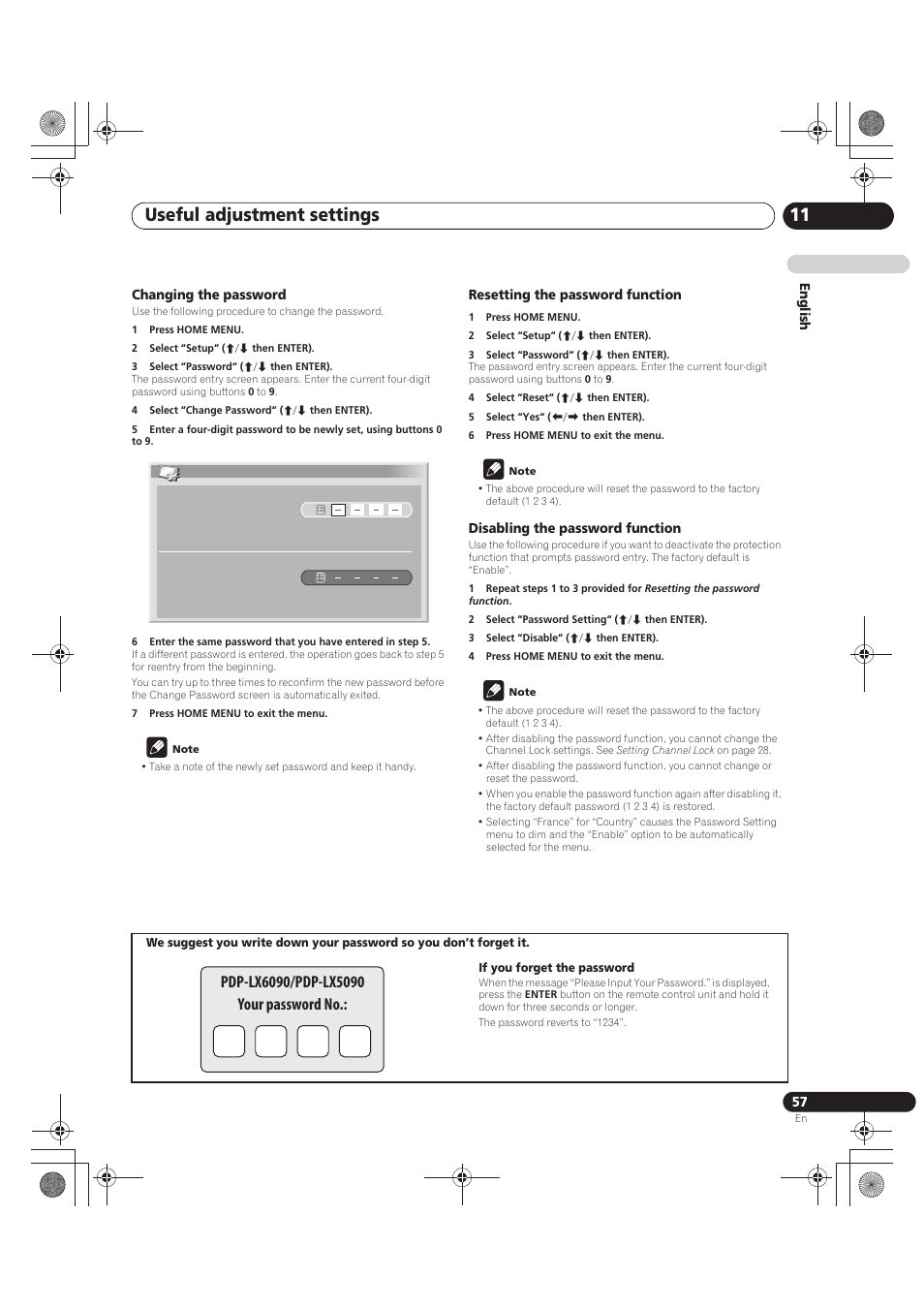 If you forget the password, Changing the password, 1 press home menu | 2 select “setup“ (i/j then enter), 3 select “password“ (i/j then enter), 4 select “change password“ (i/j then enter), 7 press home menu to exit the menu, Note, Resetting the password function, 4 select “reset“ (i/j then enter) | Pioneer PDP-LX5090 User Manual | Page 57 / 264