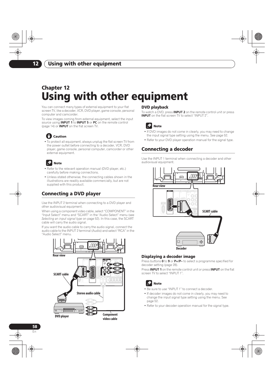 Caution, Note, Connecting a dvd player | Dvd playback, Connecting a decoder, Displaying a decoder image, 12 using with other equipment, Connecting a dvd player connecting a decoder, Using with other equipment, Using with other equipment 12 | Pioneer PDP-LX5090 User Manual | Page 58 / 264