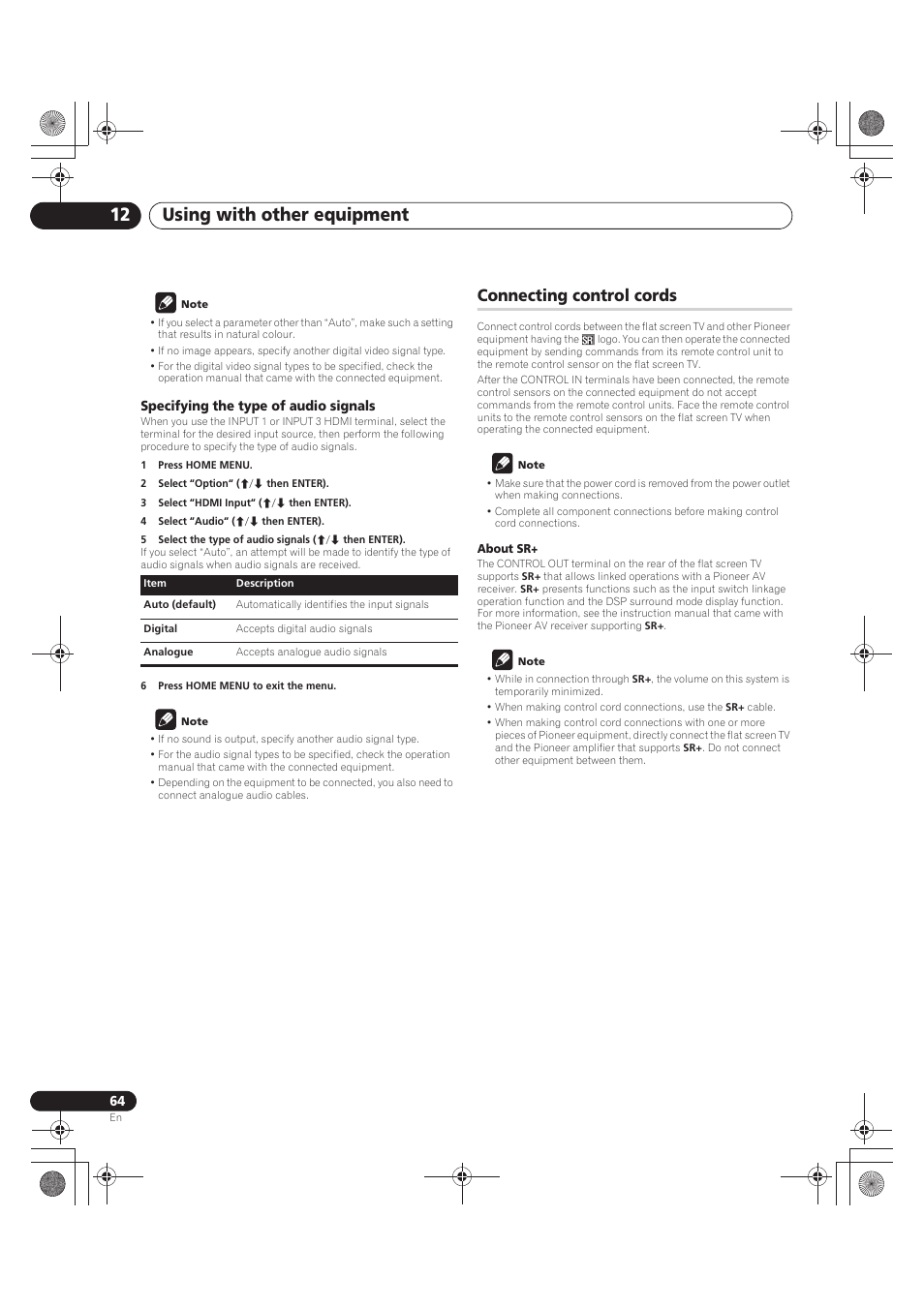 Note, Specifying the type of audio signals, 1 press home menu | 2 select “option“ (i/j then enter), 3 select “hdmi input“ (i/j then enter), 4 select “audio“ (i/j then enter), 6 press home menu to exit the menu, Connecting control cords, About sr, Using with other equipment 12 | Pioneer PDP-LX5090 User Manual | Page 64 / 264