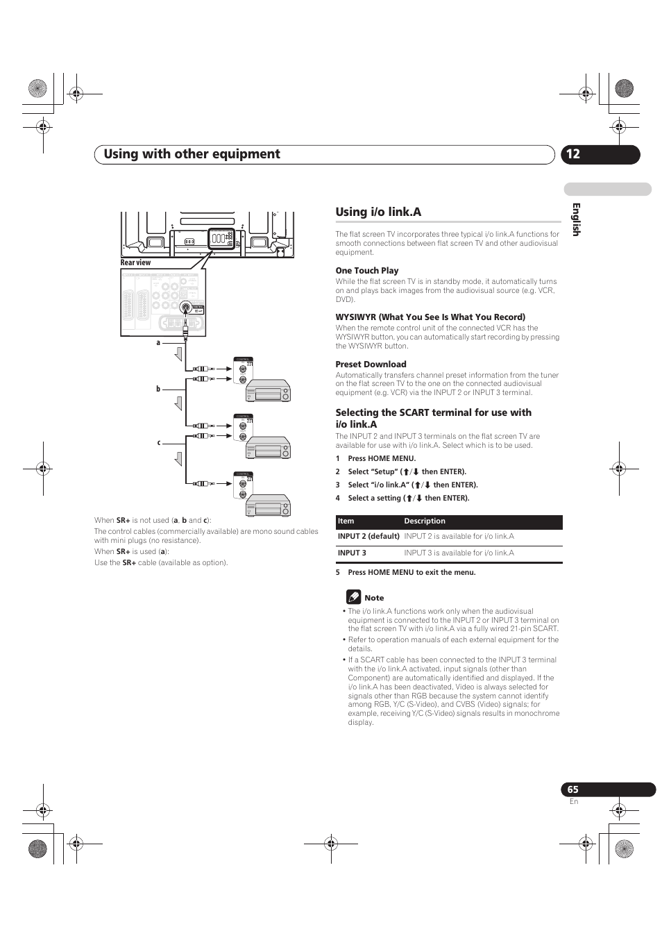 Using i/o link.a, One touch play, Wysiwyr (what you see is what you record) | Preset download, 1 press home menu, 2 select “setup” (i/j then enter), 3 select “i/o link.a” (i/j then enter), 4 select a setting (i/j then enter), 5 press home menu to exit the menu, Note | Pioneer PDP-LX5090 User Manual | Page 65 / 264