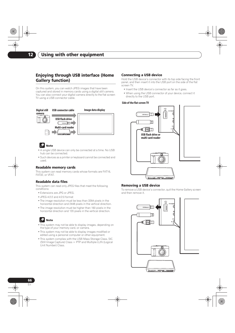 Note, Readable memory cards, Readable data files | Connecting a usb device, Removing a usb device, Enjoying through usb interface (home gallery, Function), Using with other equipment 12 | Pioneer PDP-LX5090 User Manual | Page 66 / 264