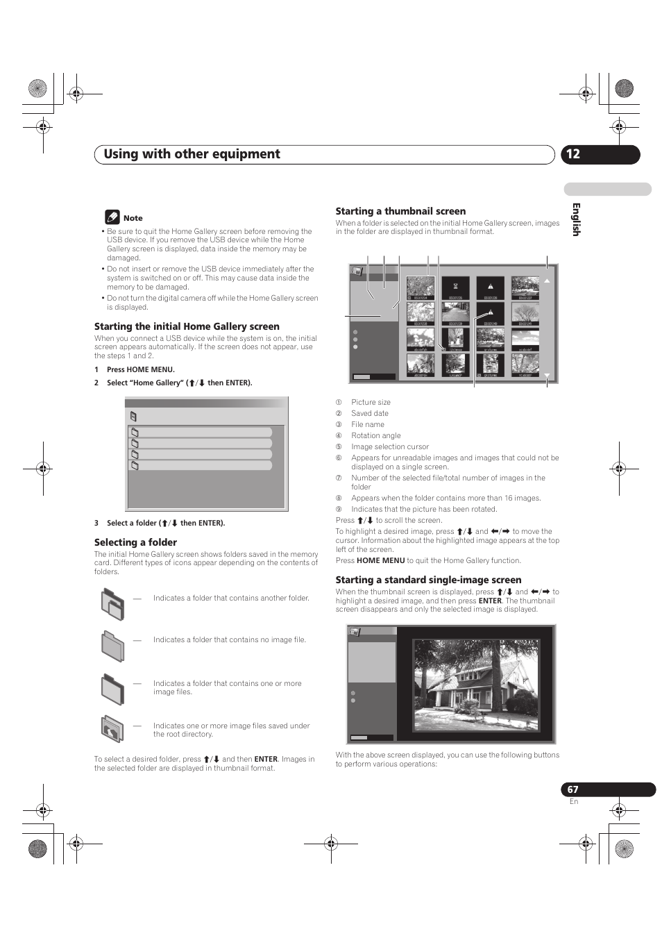 Note, Starting the initial home gallery screen, 1 press home menu | 2 select “home gallery” (i/j then enter), 3 select a folder (i/j then enter), Selecting a folder, Starting a thumbnail screen, Starting a standard single-image screen, Using with other equipment 12, En glish | Pioneer PDP-LX5090 User Manual | Page 67 / 264