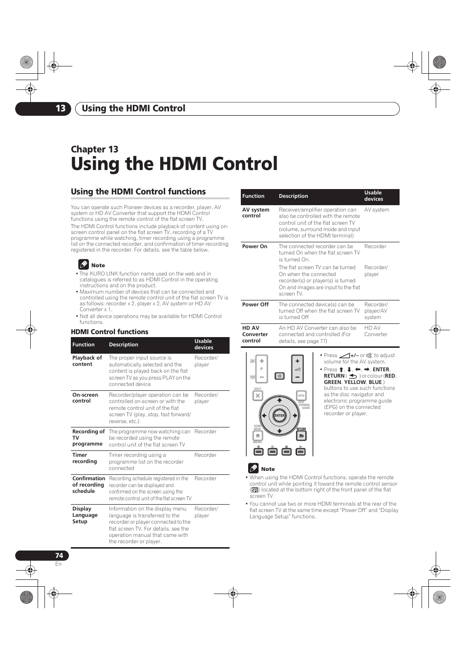 Using the hdmi control functions, Note, 13 using the hdmi control | Using the hdmi control, Using the hdmi control 13, Chapter 13 | Pioneer PDP-LX5090 User Manual | Page 74 / 264