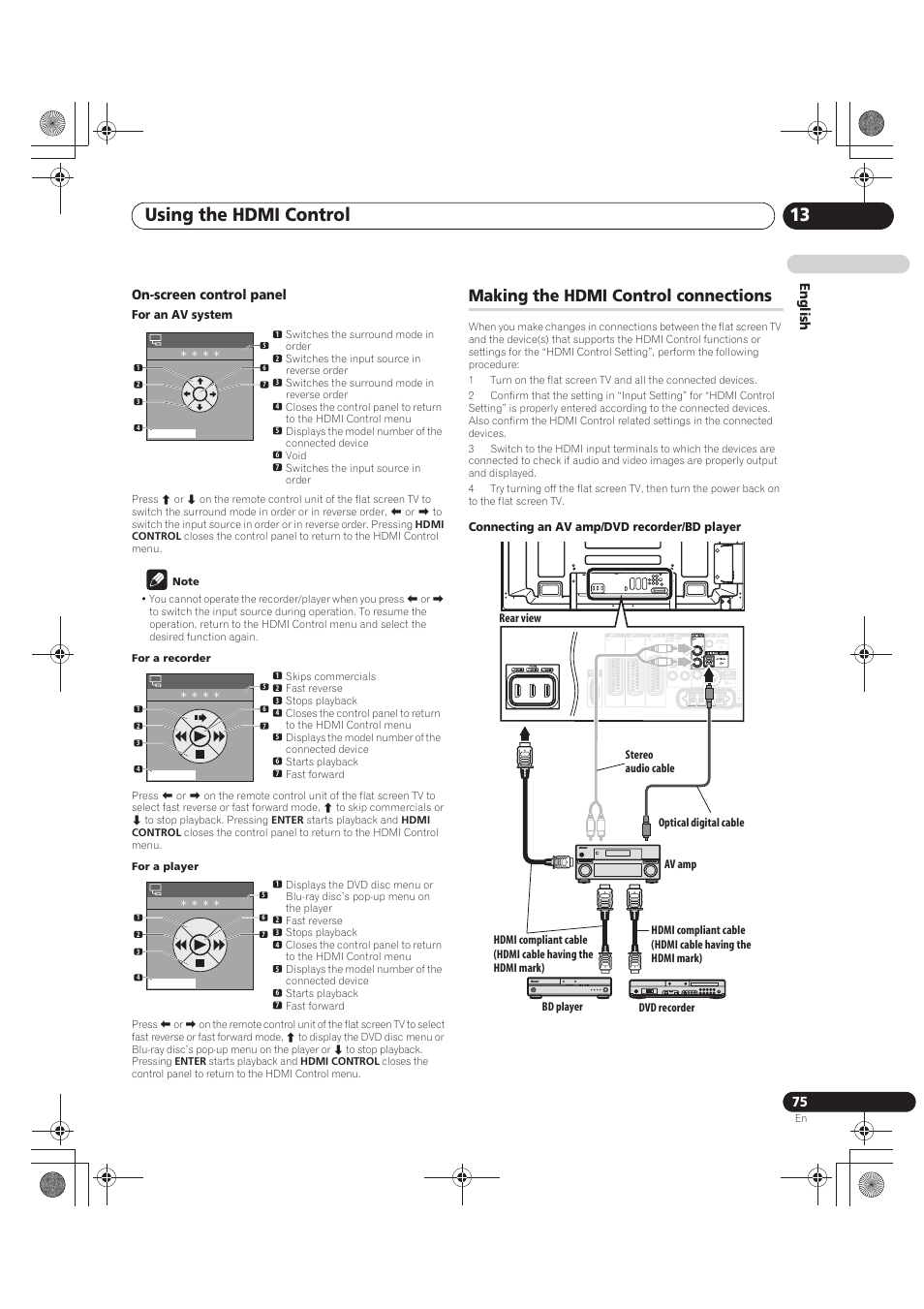 On-screen control panel, For an av system, Note | Making the hdmi control connections, Connecting an av amp/dvd recorder/bd player, Using the hdmi control 13, En glish on-screen control panel | Pioneer PDP-LX5090 User Manual | Page 75 / 264