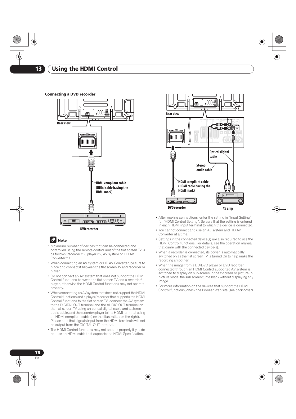 Connecting a dvd recorder, Note, Using the hdmi control 13 | Pioneer PDP-LX5090 User Manual | Page 76 / 264