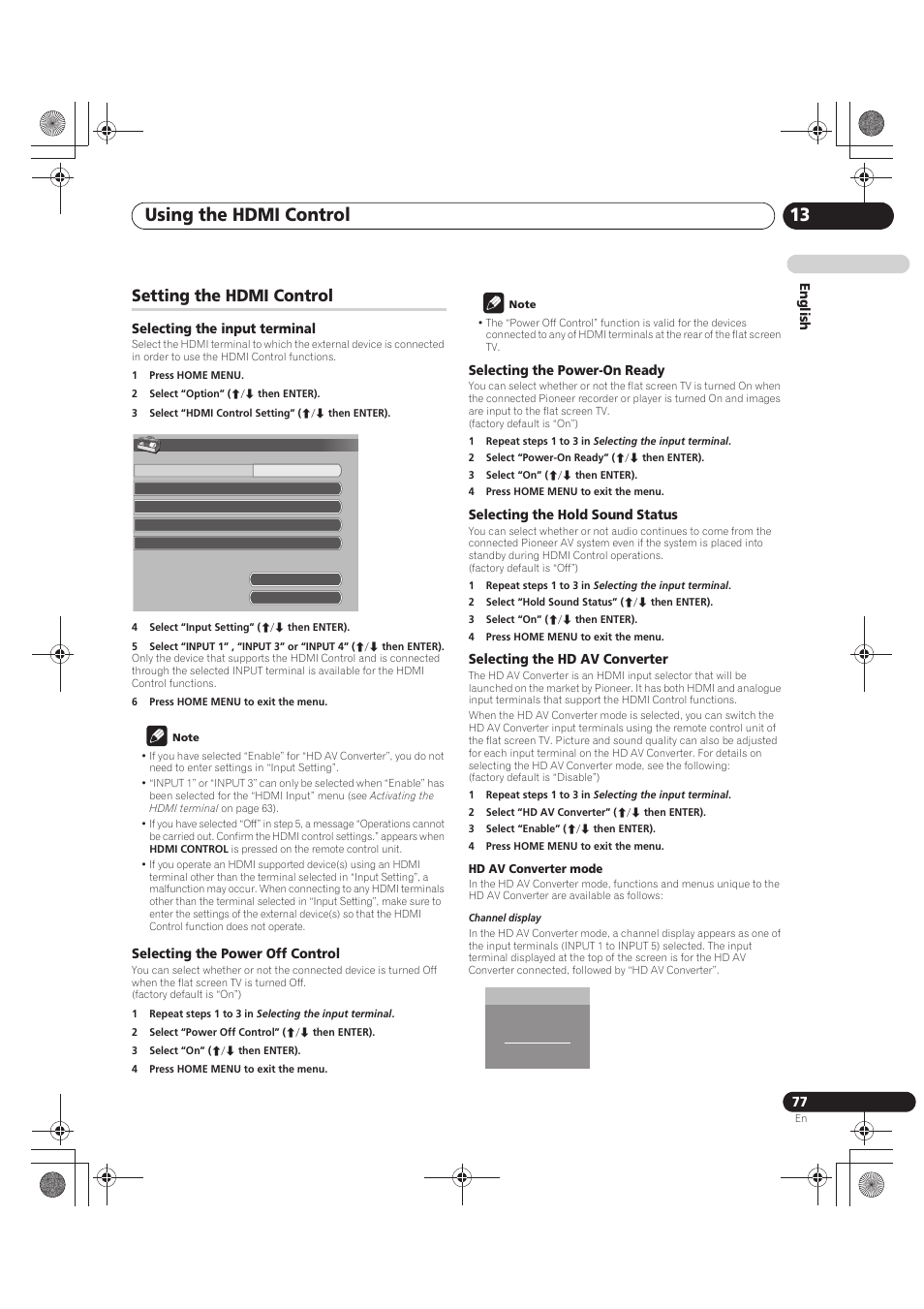 Setting the hdmi control, Selecting the input terminal, 1 press home menu | 2 select “option” (i/j then enter), 3 select “hdmi control setting” (i/j then enter), 4 select “input setting” (i/j then enter), 6 press home menu to exit the menu, Note, Selecting the power off control, 2 select “power off control” (i/j then enter) | Pioneer PDP-LX5090 User Manual | Page 77 / 264