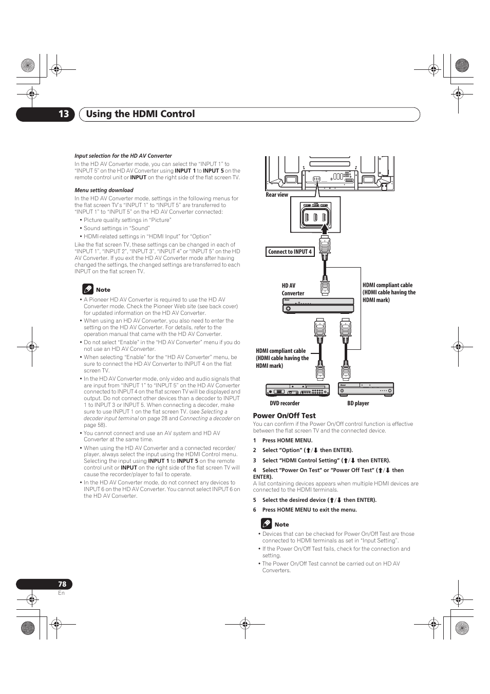 Note, Power on/off test, 1 press home menu | 2 select “option” (i/j then enter), 3 select “hdmi control setting” (i/j then enter), 5 select the desired device (i/j then enter), 6 press home menu to exit the menu, Using the hdmi control 13 | Pioneer PDP-LX5090 User Manual | Page 78 / 264