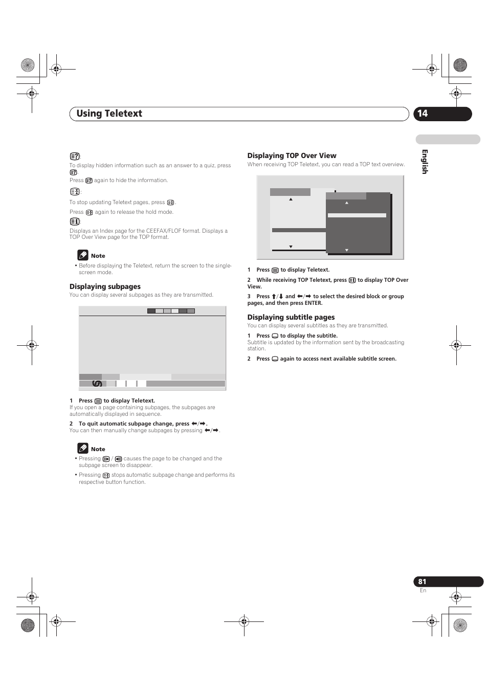 Note, 1 press m to display teletext, Displaying top over view | 1 press [ to display the subtitle, Using teletext 14 | Pioneer PDP-LX5090 User Manual | Page 81 / 264