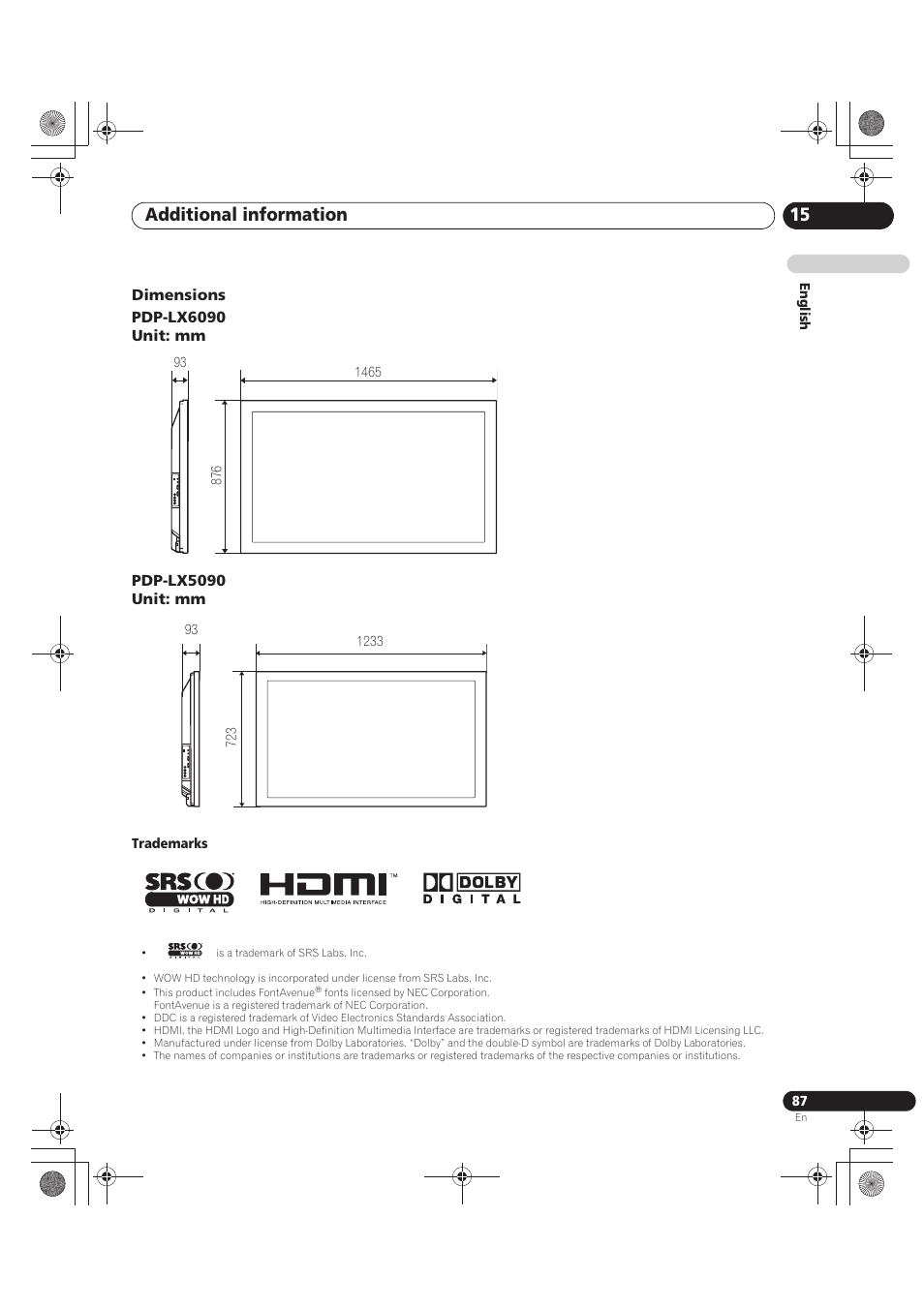 Trademarks, Additional information 15 | Pioneer PDP-LX5090 User Manual | Page 87 / 264