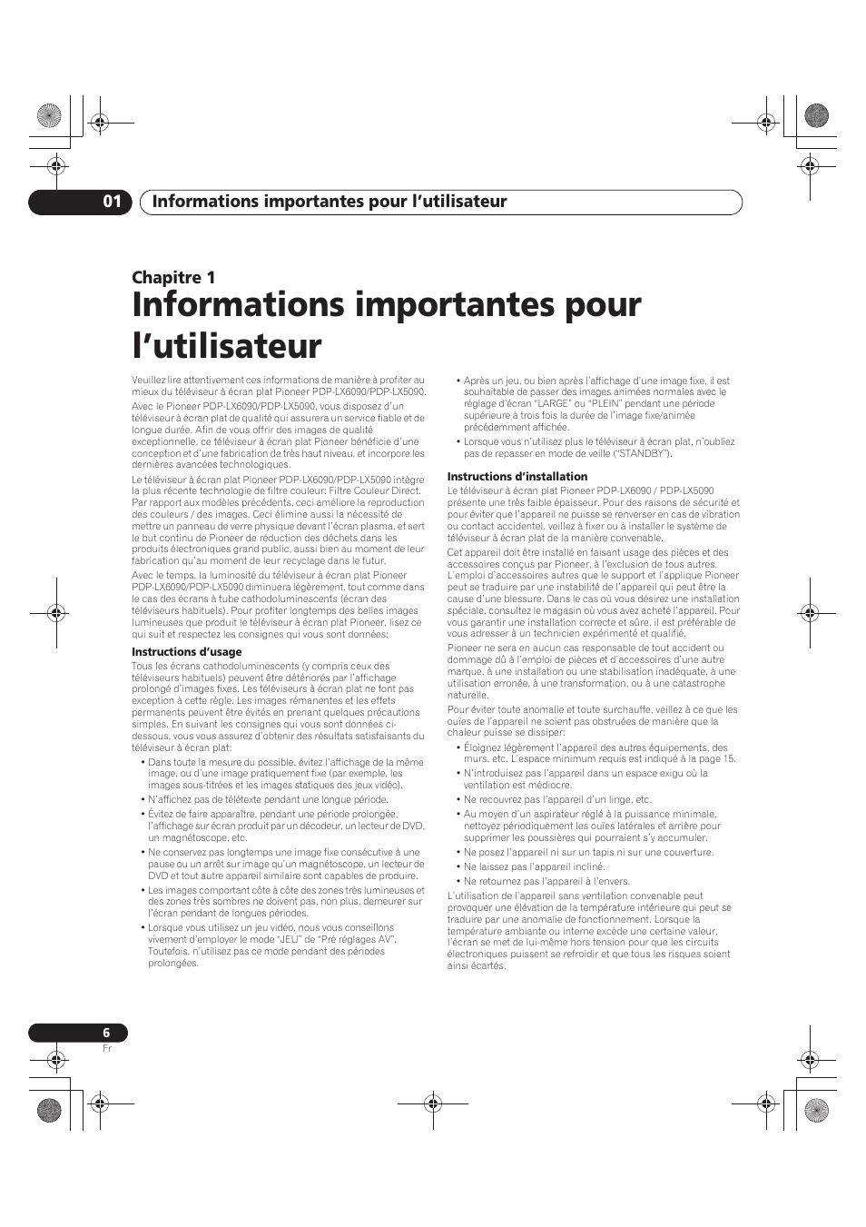 01 informations importantes pour, L’utilisateur, Informations importantes pour l’utilisateur | Informations importantes pour l’utilisateur 01, Chapitre 1 | Pioneer PDP-LX5090 User Manual | Page 96 / 264
