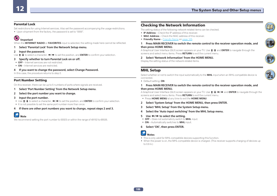 Checking the network information mhl setup, Mhl setup, Checking the network information | Pioneer SC-LX58-S User Manual | Page 106 / 140