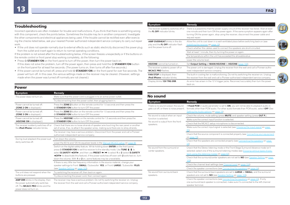 Troubleshooting power no sound, Troubleshooting, Power | No sound | Pioneer SC-LX58-S User Manual | Page 113 / 140