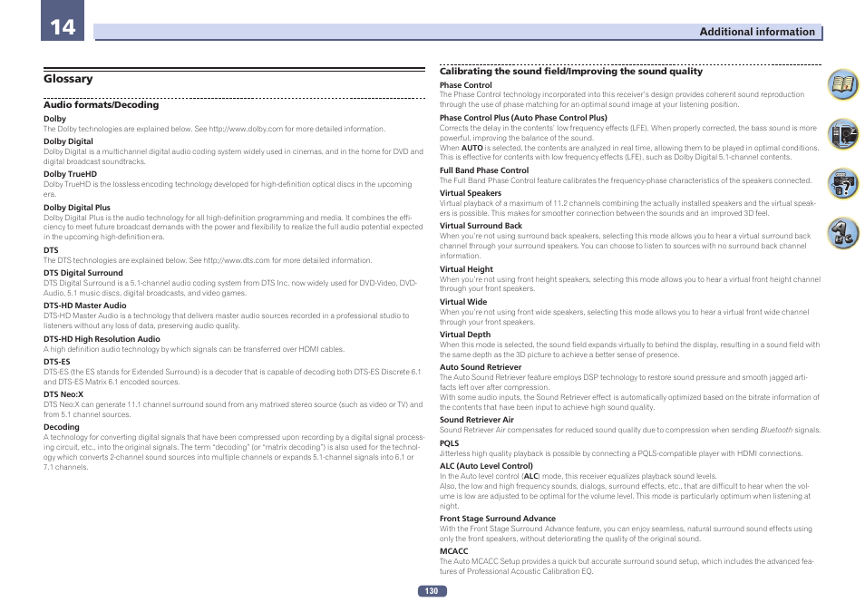 Glossary | Pioneer SC-LX58-S User Manual | Page 130 / 140