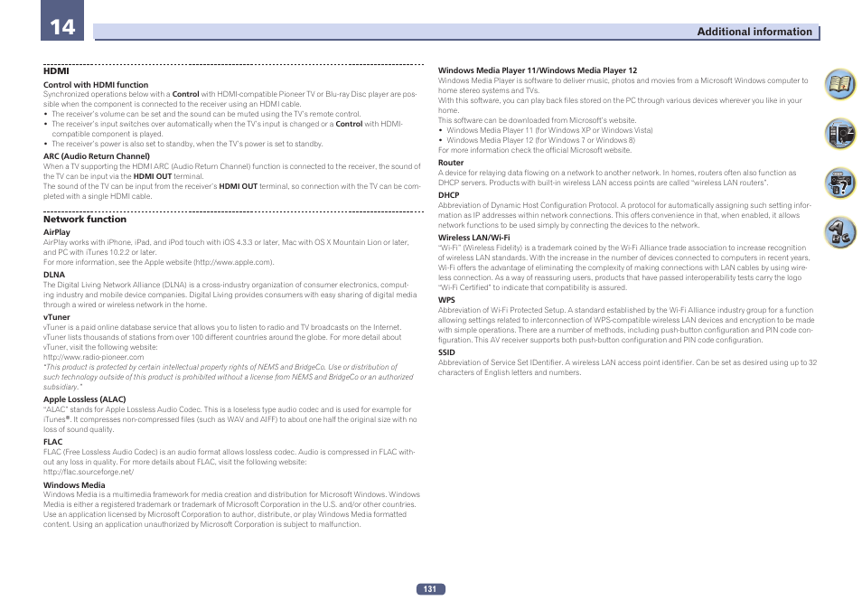 Vtuner, Windows media player 11/windows media player 12 | Pioneer SC-LX58-S User Manual | Page 131 / 140