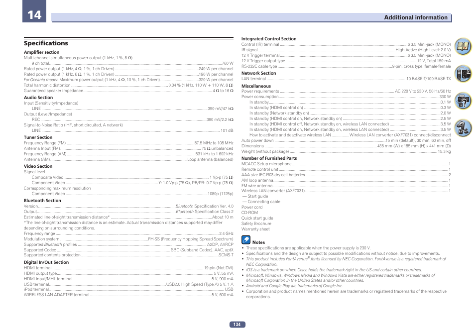 Specifications | Pioneer SC-LX58-S User Manual | Page 134 / 140